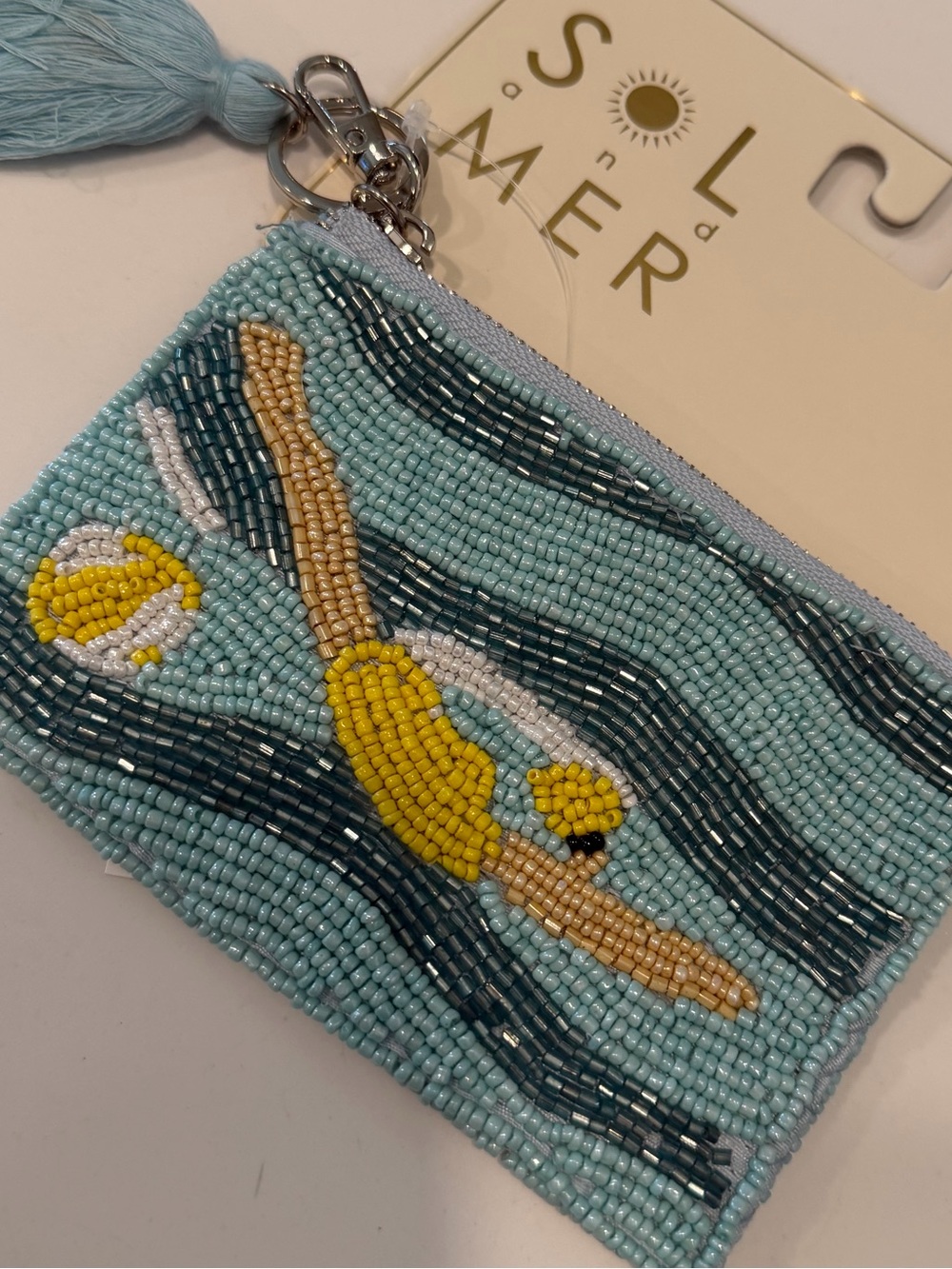 NEW Beaded Sol & Mer Coin Key Holder with Pink Tassel floating orange swimmer